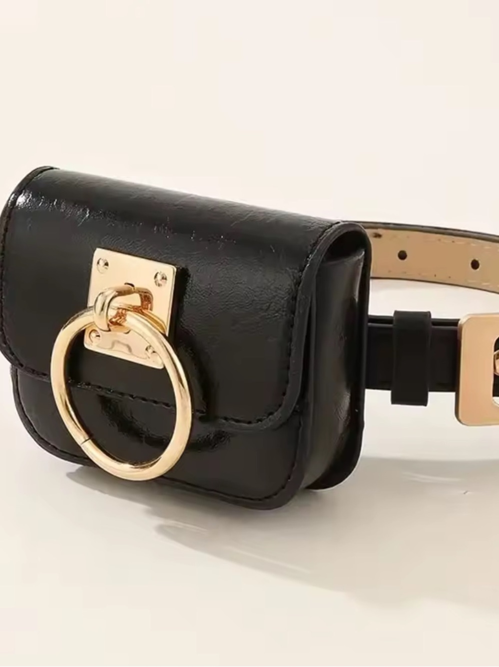Lux mini bag Black Leather Belt Bag with Gold Ring Accent - Picture 3 of 7